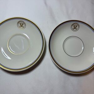 US Navy Wardroom China White Porcelain Saucers with Gold and Blue Rim